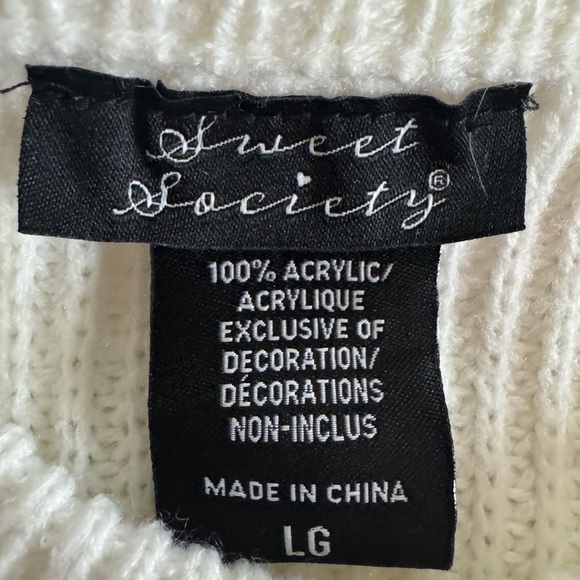 Sweet Society Cream Kitten Portrait Lace Trim Sweater Knit Top LG - Picture 6 of 7